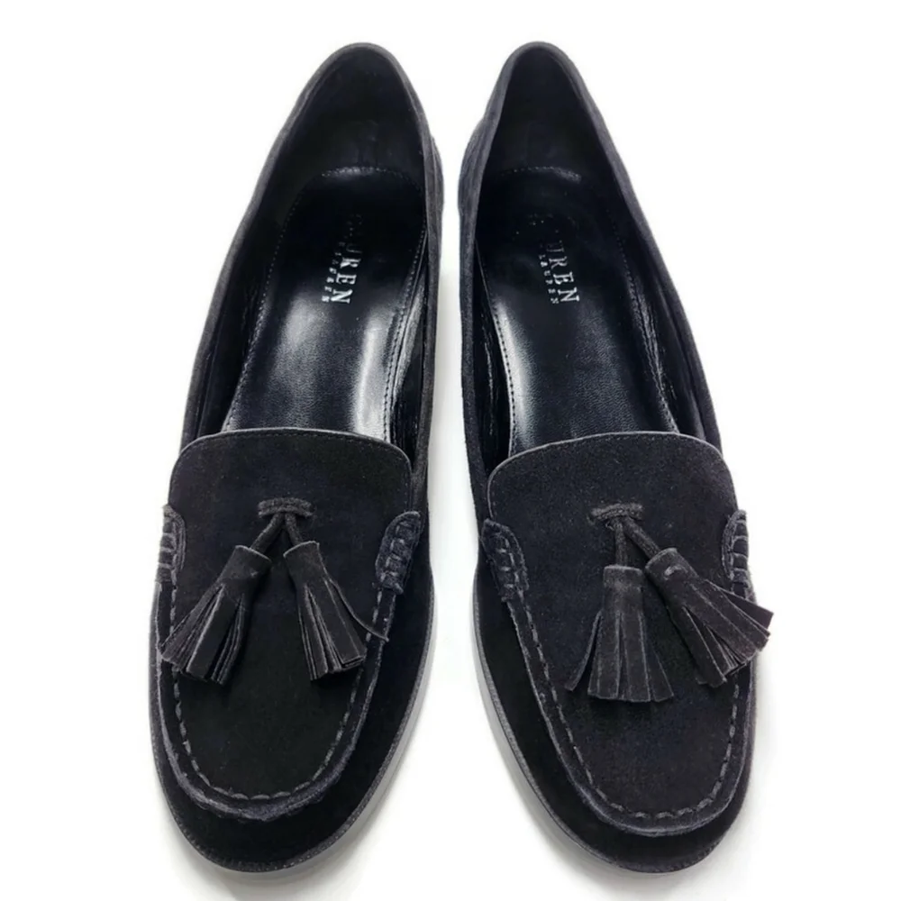 Lauren Ralph Lauren Pomona Black Suede Moc-Toe Slip-On Tassel Penny Loafers